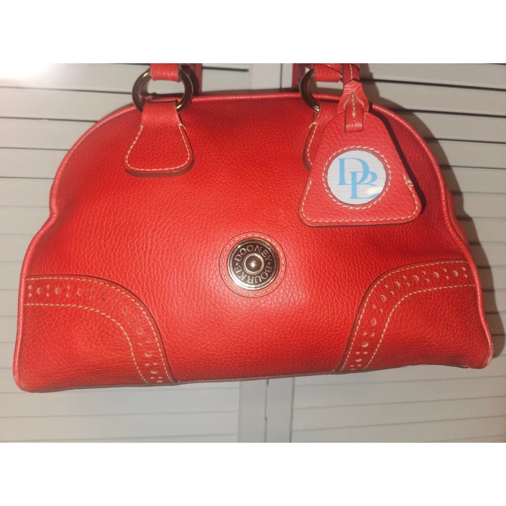 Dooney & Bourke Red Pebbled Leather Satchel Brogue Detail Dome Bag Gold Logo